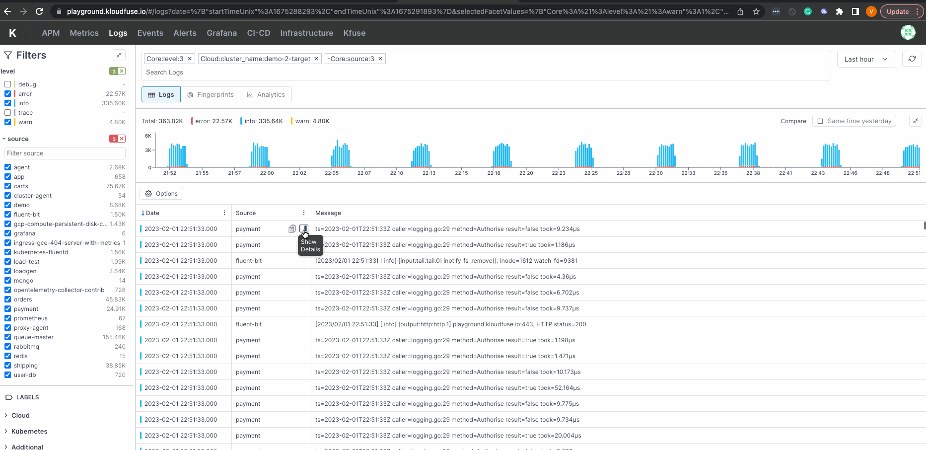 log event detail view