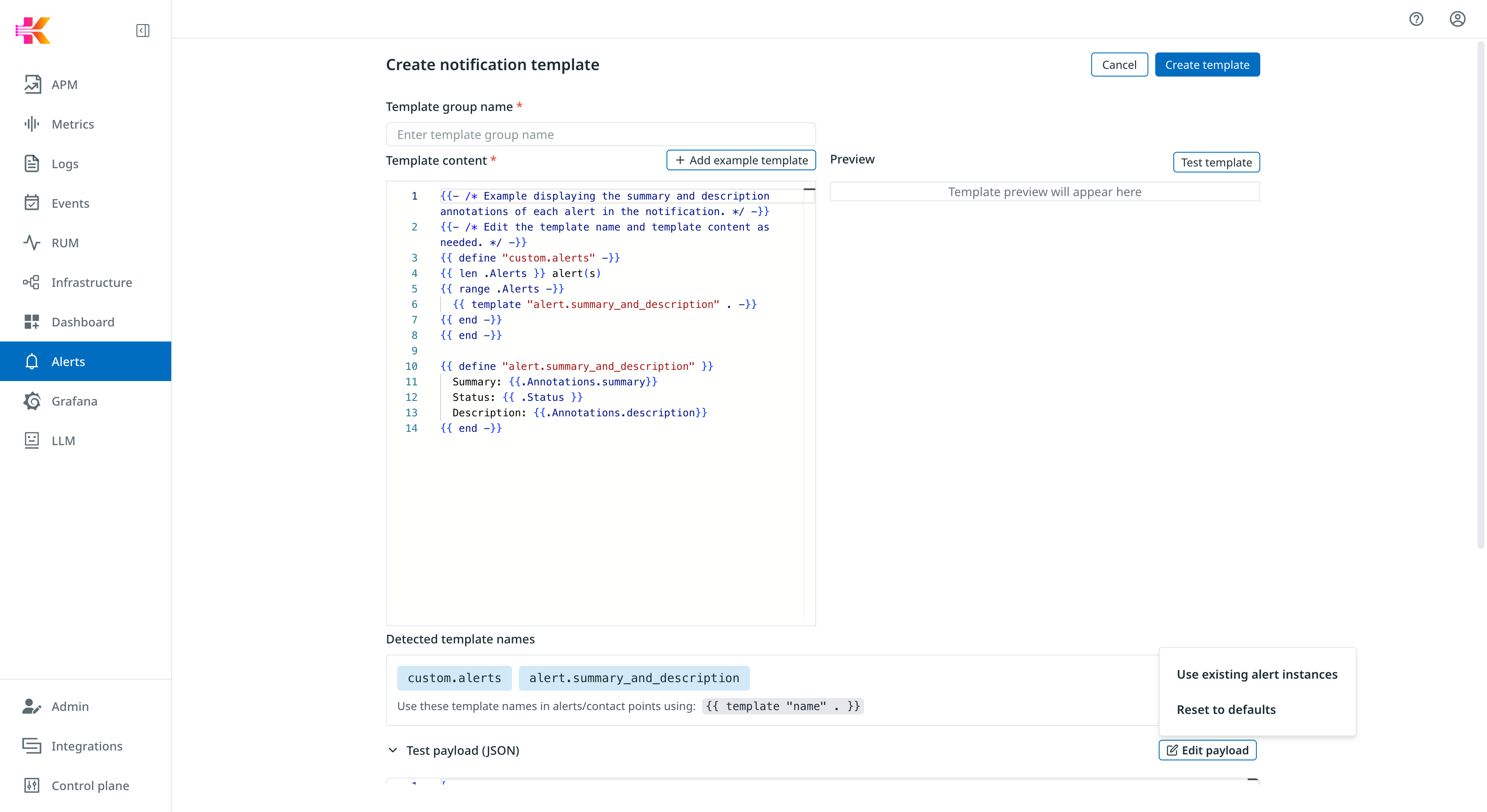Edit notification template payload from active alerts