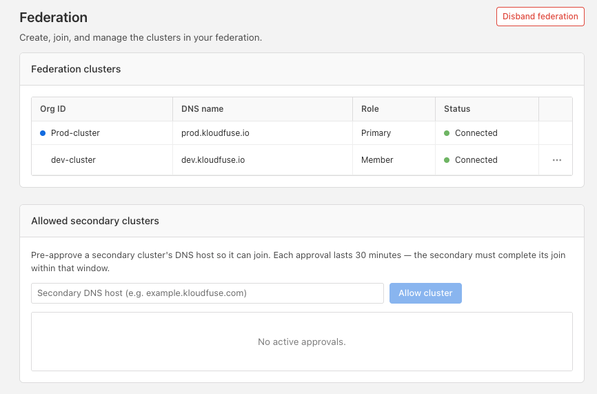 the federation page on the primary cluster after a secondary joined