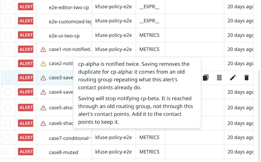 Alerts list showing routing warning icons and a tooltip