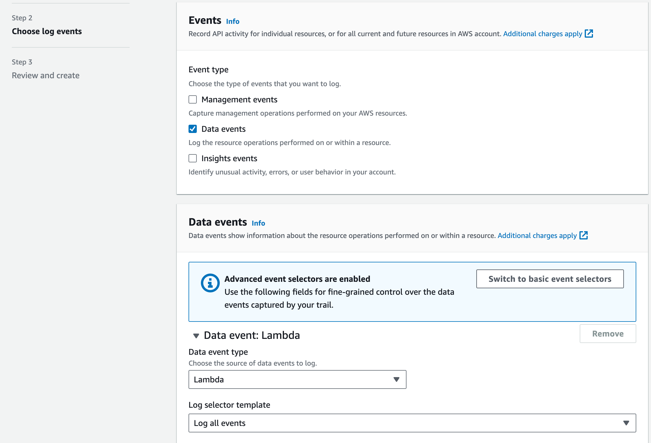 specify log events