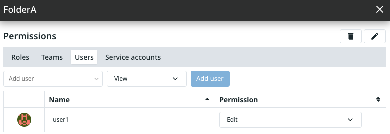 FolderA user1 showing editor user permission