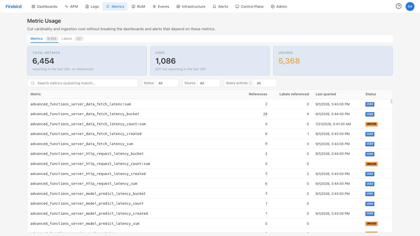 Metrics Usage page showing the summary tiles