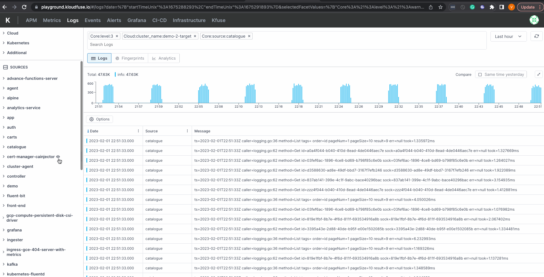 log facet filter